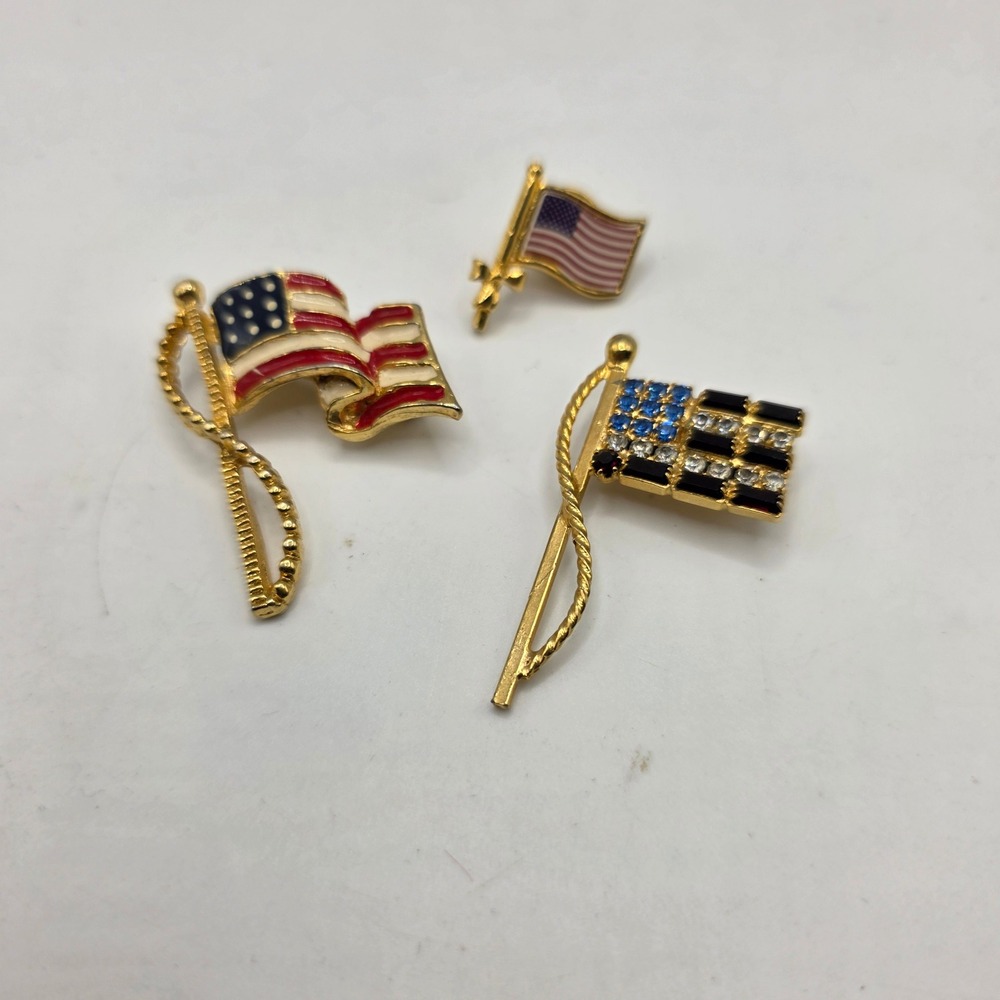 3pc American Flag Pin Set Gold Tone Enamel Rhinestone Thin Blue Line Patriotic